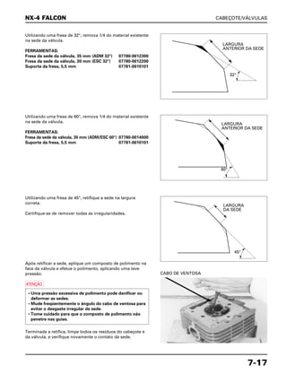 CABEÇOTE/VÁLVULAS
7-17
Utilizando uma fresa de 32°, remova 1/4 do material existente
na sede da válvula.
FERRAMENTAS:
Fresa da sede da válvula, 35 mm (ADM 32°) 07780-0012300
Fresa da sede da válvula, 30 mm (ESC 32°) 07780-0012200
Suporte da fresa, 5,5 mm 07781-0010101
Utilizando uma fresa de 45°, retifique a sede na largura
correta.
Certifique-se de remover todas as irregularidades.
Após retificar a sede, aplique um composto de polimento na
face da válvula e efetue o polimento, aplicando uma leve
pressão.
a
Terminada a retífica, limpe todos os resíduos do cabeçote e
da válvula, e verifique novamente o contato da sede.
• Uma pressão excessiva de polimento pode danificar ou
deformar as sedes.
• Mude freqüentemente o ângulo do cabo de ventosa para
evitar o desgaste irregular da sede.
• Tome cuidado para que o composto de polimento não
penetre nas guias.
CABO DE VENTOSA
Utilizando uma fresa de 60°, remova 1/4 do material existente
na sede da válvula.
FERRAMENTAS:
Fresa da sede da válvula, 30 mm (ADM/ESC 60°) 07780-0014000
Suporte da fresa, 5,5 mm 07781-0010101
NX-4 FALCON
LARGURA
ANTERIOR DA SEDE
LARGURA
ANTERIOR DA SEDE
LARGURA
DA SEDE
32°
60°
45°
 