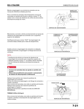 CABEÇOTE/VÁLVULAS
7-21
Monte a engrenagem na corrente do comando com as
marcas de referência voltadas para fora.
Fixe a corrente do comando. Gire lentamente a árvore de
manivelas no sentido anti-horário e alinhe a marca “T” do
estator com a marca de referência do orifício de sincronismo
da tampa da carcaça do motor.
Movimente a corrente e alinhe provisoriamente as marcas de
referência da engrenagem do comando com a superfície
superior do cabeçote.
Certifique-se de que a marca “OUT” da engrenagem do
comando esteja voltada para o lado de escapamento.
Instale a árvore e engrenagem do comando no cabeçote.
Instale firmemente a engrenagem no flange da árvore do
comando.
NOTA
c
Aplique trava química nas roscas do parafuso do
engrenagem do comando.
Alinhe os orifícios da engrenagem e do flange do comando e
instale o parafuso.
Gire a árvore de manivelas uma volta no sentido anti-horário.
Aplique trava química nas roscas do parafuso da
engrenagem e instale-o.
Aperte primeiramente o parafuso do lado da LINHA DE
REFERÊNCIA.
TORQUE: 20 N.m (2,0 kg.m)
Gire a árvore de manivelas uma volta no sentido anti-horário
e aperte o parafuso remanescente da engrenagem com o
mesmo torque.
• A árvore de manivelas deve ser girada no sentido anti-
horário.
• Efetue este procedimento para prevenir o acionamento
do sistema do descompressor unidirecional.
Certifique-se de alinhar as marcas de referência da
engrenagem do comando com a superfície superior do
cabeçote quando a marca “T” do estator estiver alinhada
com as marcas de referência da tampa da carcaça do
motor.
NX-4 FALCON
MARCA DE
REFERÊNCIA
MARCA “T“
ORIFÍCIO DE SINCRONISMO
CORRENTE DO
COMANDO
ENGRENAGEM
DO COMANDO
MARCA
“OUT”
MARCAS DE REFERÊNCIA
EIXO DA ENGRENAGEM
DO COMANDO
ENGRENAGEM
DO COMANDO
PARAFUSOS
MARCAS DE REFERÊNCIA
TRAVA
 