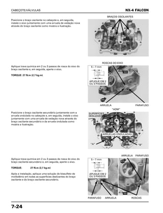 CABEÇOTE/VÁLVULAS
7-24
Posicione o braço oscilante no cabeçote e, em seguida,
instale o eixo juntamente com uma arruela de vedação nova
através do braço oscilante como mostra a ilustração.
BRAÇOS OSCILANTES
Posicione o braço oscilante secundário juntamente com a
arruela ondulada no cabeçote e, em seguida, instale o eixo
juntamente com uma arruela de vedação nova através do
braço oscilante secundário e da arruela ondulada como
mostra a ilustração.
“ADM”
Aplique trava química em 2 ou 3 passos de rosca do eixo do
braço oscilante secundário e, em seguida, aperte o eixo.
TORQUE: 27 N.m (2,7 kg.m)
Após a instalação, aplique uma solução de bissulfeto de
molibdênio em todas as superfícies deslizantes do braço
oscilante e do braço oscilante secundário.
PARAFUSO ARRUELA ROSCAS
ARRUELA PARAFUSO
Aplique trava química em 2 ou 3 passos de rosca do eixo do
braço oscilante e, em seguida, aperte o eixo.
TORQUE: 27 N.m (2,7 kg.m)
ARRUELA PARAFUSO
ROSCAS DO EIXO
NX-4 FALCON
5 – 7 mm
APLIQUE EM 2
OU 3 PASSOS
5 – 7 mm
APLIQUE EM 2
OU 3 PASSOS
SUPERFÍCIES
DESLIZANTES
“A” “B”
ARRUELAS ONDULADAS
NOVA
ÓleoMo
TRAVA
NOVO
TRAVA
 