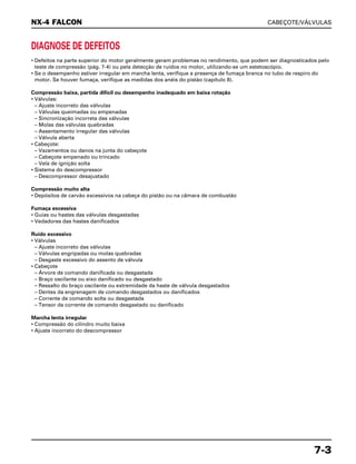 CABEÇOTE/VÁLVULAS
7-3
DIAGNOSE DE DEFEITOS
• Defeitos na parte superior do motor geralmente geram problemas no rendimento, que podem ser diagnosticados pelo
teste de compressão (pág. 7-4) ou pela detecção de ruídos no motor, utilizando-se um estetoscópio.
• Se o desempenho estiver irregular em marcha lenta, verifique a presença de fumaça branca no tubo de respiro do
motor. Se houver fumaça, verifique as medidas dos anéis do pistão (capítulo 8).
Compressão baixa, partida difícil ou desempenho inadequado em baixa rotação
• Válvulas:
– Ajuste incorreto das válvulas
– Válvulas queimadas ou empenadas
– Sincronização incorreta das válvulas
– Molas das válvulas quebradas
– Assentamento irregular das válvulas
– Válvula aberta
• Cabeçote:
– Vazamentos ou danos na junta do cabeçote
– Cabeçote empenado ou trincado
– Vela de ignição solta
• Sistema do descompressor
– Descompressor desajustado
Compressão muito alta
• Depósitos de carvão excessivos na cabeça do pistão ou na câmara de combustão
Fumaça excessiva
• Guias ou hastes das válvulas desgastadas
• Vedadores das hastes danificados
Ruído excessivo
• Válvulas
– Ajuste incorreto das válvulas
– Válvulas engripadas ou molas quebradas
– Desgaste excessivo do assento de válvula
• Cabeçote
– Árvore de comando danificada ou desgastada
– Braço oscilante ou eixo danificado ou desgastado
– Ressalto do braço oscilante ou extremidade da haste de válvula desgastados
– Dentes da engrenagem de comando desgastados ou danificados
– Corrente de comando solta ou desgastada
– Tensor da corrente de comando desgastado ou danificado
Marcha lenta irregular
• Compressão do cilindro muito baixa
• Ajuste incorreto do descompressor
NX-4 FALCON
 