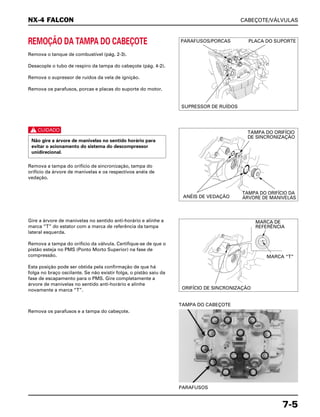 CABEÇOTE/VÁLVULAS
7-5
REMOÇÃO DA TAMPA DO CABEÇOTE
Remova o tanque de combustível (pág. 2-3).
Desacople o tubo de respiro da tampa do cabeçote (pág. 4-2).
Remova o supressor de ruídos da vela de ignição.
Remova os parafusos, porcas e placas do suporte do motor.
Gire a árvore de manivelas no sentido anti-horário e alinhe a
marca “T” do estator com a marca de referência da tampa
lateral esquerda.
Remova a tampa do orifício da válvula. Certifique-se de que o
pistão esteja no PMS (Ponto Morto Superior) na fase de
compressão.
Esta posição pode ser obtida pela confirmação de que há
folga no braço oscilante. Se não existir folga, o pistão saiu da
fase de escapamento para o PMS. Gire completamente a
árvore de manivelas no sentido anti-horário e alinhe
novamente a marca “T”.
Remova os parafusos e a tampa do cabeçote.
PARAFUSOS
TAMPA DO CABEÇOTE
c
Remova a tampa do orifício de sincronização, tampa do
orifício da árvore de manivelas e os respectivos anéis de
vedação.
Não gire a árvore de manivelas no sentido horário para
evitar o acionamento do sistema do descompressor
unidirecional.
NX-4 FALCON
PARAFUSOS/PORCAS PLACA DO SUPORTE
SUPRESSOR DE RUÍDOS
TAMPA DO ORIFÍCIO
DE SINCRONIZAÇÃO
ANÉIS DE VEDAÇÃO
TAMPA DO ORIFÍCIO DA
ÁRVORE DE MANIVELAS
MARCA DE
REFERÊNCIA
MARCA “T”
ORIFÍCIO DE SINCRONIZAÇÃO
 