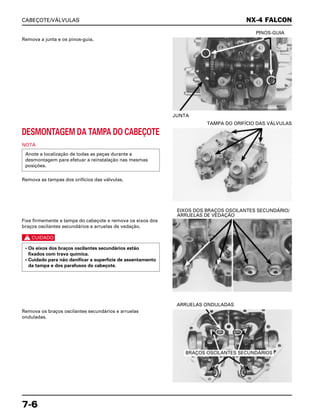 CABEÇOTE/VÁLVULAS
7-6
Remova a junta e os pinos-guia.
JUNTA
PINOS-GUIA
Fixe firmemente a tampa do cabeçote e remova os eixos dos
braços oscilantes secundários e arruelas de vedação.
c
• Os eixos dos braços oscilantes secundários estão
fixados com trava química.
• Cuidado para não danificar a superfície de assentamento
da tampa e dos parafusos do cabeçote.
EIXOS DOS BRAÇOS OSCILANTES SECUNDÁRIO/
ARRUELAS DE VEDAÇÃO
Remova os braços oscilantes secundários e arruelas
onduladas.
ARRUELAS ONDULADAS
DESMONTAGEM DA TAMPA DO CABEÇOTE
NOTA
Remova as tampas dos orifícios das válvulas.
Anote a localização de todas as peças durante a
desmontagem para efetuar a reinstalação nas mesmas
posições.
TAMPA DO ORIFÍCIO DAS VÁLVULAS
NX-4 FALCON
BRAÇOS OSCILANTES SECUNDÁRIOS
 