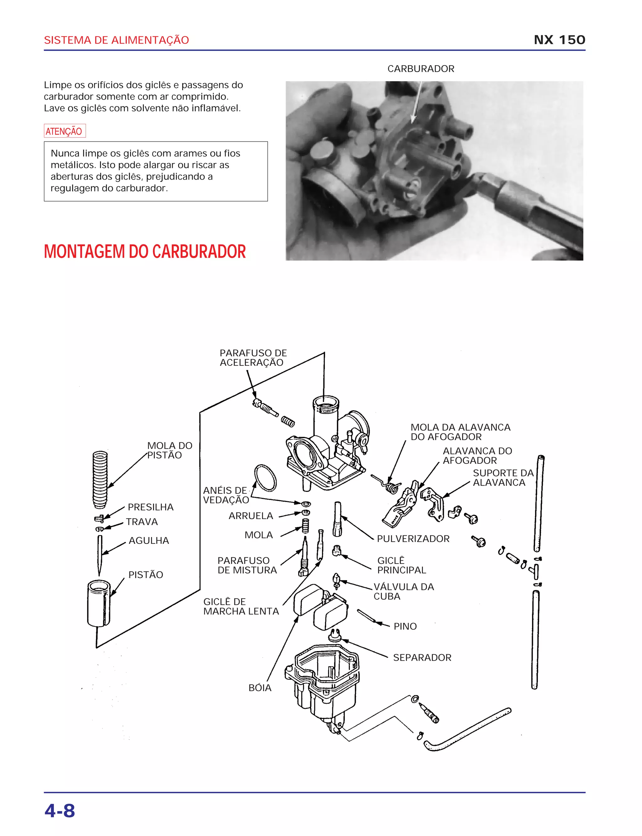 SISTEMA DE ALIMENTAÇÃO
4-8
Limpe os orifícios dos giclês e passagens do
carburador somente com ar comprimido.
Lave os giclês com solvente não inflamável.
a
MONTAGEM DO CARBURADOR
Nunca limpe os giclês com arames ou fios
metálicos. Isto pode alargar ou riscar as
aberturas dos giclês, prejudicando a
regulagem do carburador.
NX 150
CARBURADOR
MOLA DO
PISTÃO
PARAFUSO DE
ACELERAÇÃO
PULVERIZADOR
GICLÊ
PRINCIPAL
VÁLVULA DA
CUBA
PINO
SEPARADOR
MOLA DA ALAVANCA
DO AFOGADOR
ALAVANCA DO
AFOGADOR
SUPORTE DA
ALAVANCA
ANÉIS DE
VEDAÇÃO
ARRUELA
MOLA
PARAFUSO
DE MISTURA
GICLÊ DE
MARCHA LENTA
BÓIA
PRESILHA
TRAVA
AGULHA
PISTÃO
 