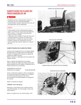 FREIO HIDRÁULICO A DISCO
14-3
NX 150
SUBSTITUÍÇÃO DO FLUIDO DO
FREIO/SANGRIA DE AR
c
a
SUBSTITUÍÇÃO DO FLUÍDO DO FREIO
Conecte uma mangueira de ar no engate rápido
do dispositivo de sangria para freio hidráulico.
Conecte a mangueira de sucção na válvula de
sangria do cáliper do freio.
Retire a tampa e o diafragma do reservatório do
cilindro mestre.
Abra o registro do dispositivo de sangria.
Solte a válvula de sangria do cáliper (uma volta
aproximadamente) até esgotar completamente o
fluído existente no reservatório.
FERRAMENTA ESPECIAL:
Dispositivo de sangria: 07468-0010001BR
Feche a válvula de sangria e retire a mangueira
de sucção da válvula de sangria com o sistema
em funcionamento (evita-se com isso o
derramamento do fluído alojado na mangueira
de sucção).
Aperte a válvula de sangria.
TORQUE: 6 N.m (0,6 kg.m)
Abasteça o reservatório com o fluído do freio
especificado (pág. 14-1) até atingir a marca de
nível superior.
Efetue a sangria de ar do sistema (pág. 14-4).
• Nunca deixe entrar contaminantes (poeira,
água, etc) dentro do reservatório do fluído do
freio. Limpe o reservatório externamente
antes de retirar a tampa.
• Manuseie com cuidado o fluído do freio pois
ele pode danificar a pintura, as lentes dos
instrumentos e a fiação em caso de contato.
Proteja o tanque de combustível com um
pano sempre que efetuar reparos no sistema
de freio.
Pastilhas do freio contaminadas reduzem a
eficiência do freio. Substitua pastilhas
contaminadas e limpe o disco de freio com um
desengraxante de boa qualidade.
TAMPA DO RESERVATÓRIO
MANGUEIRA DO DISPOSITIVO DE SANGRIA
VÁLVULA DE SANGRIA
DISPOSITIVO DE SANGRIA
 