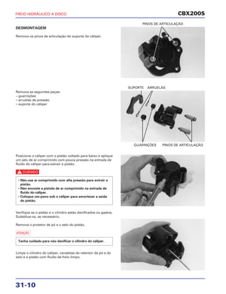 PINOS DE ARTICULAÇÃO
GUARNIÇÕES PINOS DE ARTICULAÇÃO
SUPORTE ARRUELAS
CBX200S
31-10
DESMONTAGEM
Remova os pinos de articulação do suporte do cáliper.
Remova as seguintes peças:
– guarnições
– arruelas de pressão
– suporte do cáliper
FREIO HIDRÁULICO A DISCO
Posicione o cáliper com o pistão voltado para baixo e aplique
um jato de ar comprimido com pouca pressão na entrada de
fluido do cáliper para extrair o pistão.
c
Verifique se o pistão e o cilindro estão danificados ou gastos.
Substitua-os, se necessário.
Remova o protetor de pó e o selo do pistão.
a
Limpe o cilindro do cáliper, canaletas do retentor de pó e do
selo e o pistão com fluido de freio limpo.
Tenha cuidado para não danificar o cilindro do cáliper.
• Não use ar comprimido com alta pressão para extrair o
pistão.
• Não encoste a pistola de ar comprimido na entrada de
fluido do cáliper.
• Coloque um pano sob o cáliper para amortecer a saída
do pistão.
 
