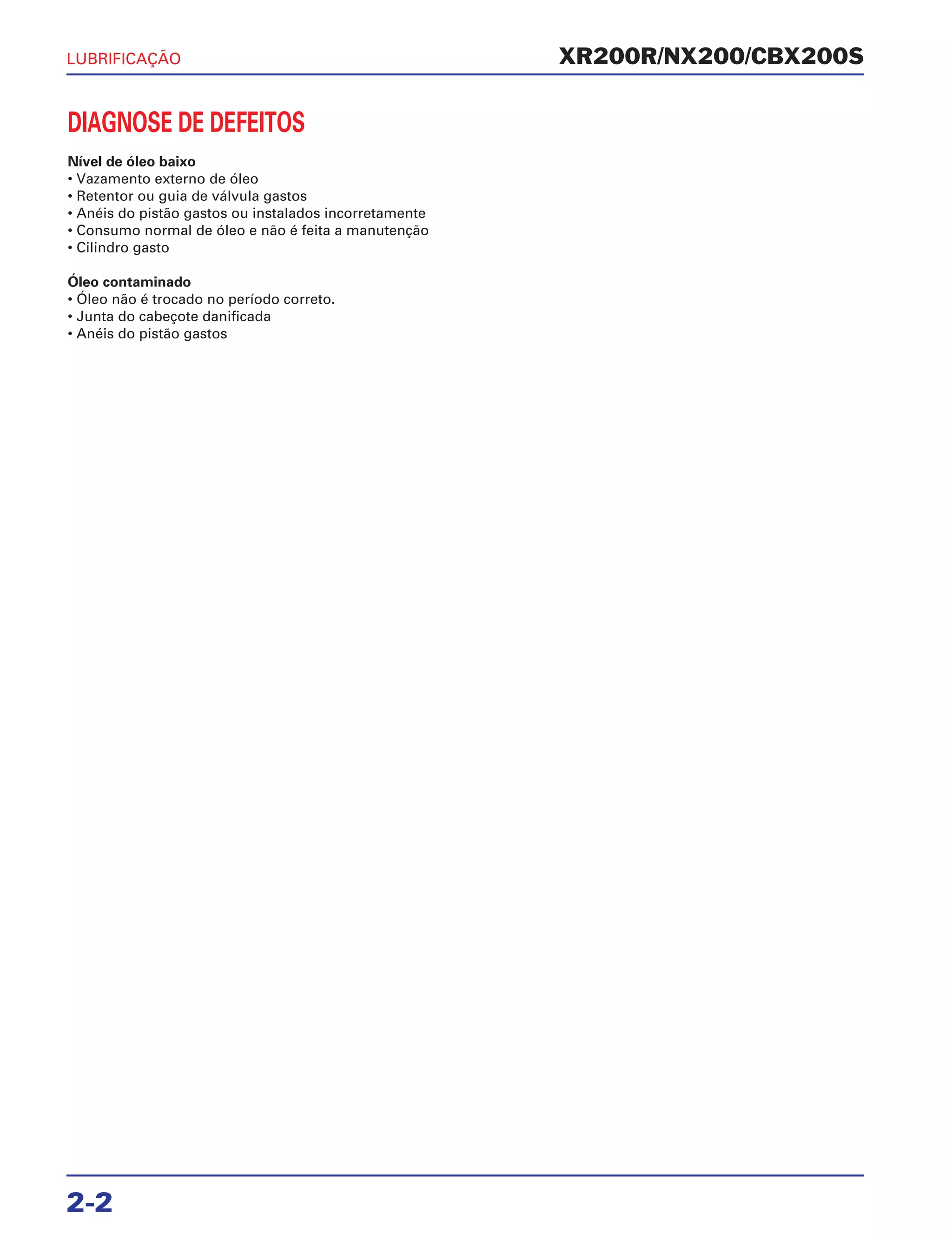 DIAGNOSE DE DEFEITOS
Nível de óleo baixo
• Vazamento externo de óleo
• Retentor ou guia de válvula gastos
• Anéis do pistão gastos ou instalados incorretamente
• Consumo normal de óleo e não é feita a manutenção
• Cilindro gasto
Óleo contaminado
• Óleo não é trocado no período correto.
• Junta do cabeçote danificada
• Anéis do pistão gastos
XR200R/NX200/CBX200S
2-2
LUBRIFICAÇÃO
 