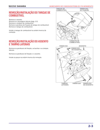 AGREGADOS DO CHASSI/SISTEMA DE ESCAPAMENTO
2-3
NX350 SAHARA
REMOÇÃO/INSTALAÇÃO DO TANQUE DE
COMBUSTÍVEL
Remova o assento.
Remova as carenagens laterais (pág. 2-2).
Remova o conduto de combustível.
Remova o parafuso de fixação do tanque de combustível.
Remova o tanque de combustível.
Instale o tanque de combustível na ordem inversa da
remoção.
TANQUE DE
COMBUSTÍVEL
PARAFUSO ASSENTO
PARAFUSO
DE FIXAÇÃO
REMOÇÃO/INSTALAÇÃO DO ASSENTO
E TAMPAS LATERAIS
Remova os parafusos de fixação, as buchas e as tampas
laterais.
Remova os parafusos de fixação e o assento.
Instale as peças na ordem inversa da remoção.
TAMPAS
LATERAIS
PARAFUSO PARAFUSO
DO ASSENTO
CONDUTO DE
COMBUSTÍVEL
PARAFUSO
DO ASSENTO
 