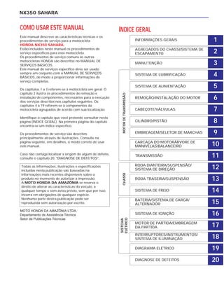 SISTEMA DE LUBRIFICAÇÃO
DIAGNOSE DE DEFEITOS
DIAGRAMA ELÉTRICO
INTERRUPTORES/INSTRUMENTOS/
SISTEMA DE ILUMINAÇÃO
MOTOR DE PARTIDA/EMBREAGEM
DA PARTIDA
SISTEMA DE IGNIÇÃO
BATERIA/SISTEMA DE CARGA/
ALTERNADOR
SISTEMA DE FREIO
RODA TRASEIRA/SUSPENSÃO
RODA DIANTEIRA/SUSPENSÃO/
SISTEMA DE DIREÇÃO
TRANSMISSÃO
CARCAÇA DO MOTORÁRVORE DE
MANIVELAS/BALANCEIRO
EMBREAGEM/SELETOR DE MARCHAS
CILINDRO/PISTÃO
CABEÇOTE/VÁLVULAS
REMOÇÃO/INSTALAÇÃO DO MOTOR
SISTEMA DE ALIMENTAÇÃO
MANUTENÇÃO
AGREGADOS DO CHASSI/SISTEMA DE
ESCAPAMENTO
INFORMAÇÕES GERAIS 1
NX350 SAHARA
COMO USAR ESTE MANUAL
Este manual descreve as características técnicas e os
procedimentos de serviço para a motocicleta
HONDA NX350 SAHARA.
Estão incluídos neste manual os procedimentos de
serviço específicos para está motocicleta.
Os procedimentos de serviço comuns às outras
motocicletas HONDA são descritos no MANUAL DE
SERVIÇOS BÁSICOS.
Este manual de serviços específico deve ser usado
sempre em conjunto com o MANUAL DE SERVIÇOS
BÁSICOS, de modo a proporcionar informações de
serviço completas.
Os capítulos 1 a 3 referem-se à motocicleta em geral. O
capítulo 2 ilustra os procedimentos de remoção e
instalação de componentes, necessários para a execução
dos serviços descritos nos capítulos seguintes. Os
capítulos 4 a 19 referem-se à componentes da
motocicleta agrupados de acordo com sua localização.
Identifique o capítulo que você pretende consultar nesta
página (ÍNDICE GERAL). Na primeira página do capítulo
encontra-se um índice específico.
Os procedimentos de serviço são descritos
principalmente através de ilustrações. Consulte na
página seguinte, em detalhes, o modo correto de usar
este manual.
Caso não consiga localizar a origem de algum de defeito,
consulte o capítulo 20, "DIAGNOSE DE DEFEITOS".
MOTO HONDA DA AMAZÔNIA LTDA.
Departamento de Assistência Técnica
Setor de Publicações Técnicas
ÍNDICE GERAL
2
3
4
5
6
7
8
9
10
11
12
13
14
15
16
17
18
19
20
SISTEMA
ELÉTRICO
CHASSIMOTORDETRANSMISSÃO
Todas as informações, ilustrações e especificações
incluídas nesta publicação são baseadas na
informações mais recentes disponíveis sobre o
produto no momento de autorizar a impressão.
A MOTO HONDA DA AMAZÔNIA se reserva o
direito de alterar as características do veículo, a
qualquer tempo e sem aviso prévio, sem que por isso
incorra em obrigações de qualquer espécie.
Nenhuma parte destra publicação pode ser
reproduzida sem autorização por escrito.
 