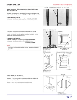 RODA TRASEIRA/SUSPENSÃO
13-7
NX350 SAHARA
SUBSTITUIÇÃO DOS ROLAMENTOS DO BRAÇO DO
AMORTECEDOR
Remova os rolamentos de agulha do braço do amortecedor
com auxílio de uma prensa hidráulica e a ferramenta especial.
FERRAMENTA ESPECIAL
Instalador de rolamento de agulhas: 07946-MJ00100BR
INSTALADOR DE ROLAMENTO DE AGULHAS
Lubrifique os novos rolamentos de agulha com graxa.
Instale os rolamentos de agulha no braço oscilante com o
auxílio de uma prensa hidráulica.
FERRAMENTA ESPECIAL
Cabo do instalador de rolamento: 07749-0010000BR
Instalador de rolamento de esferas, 24 x 26mm:
07746-0010700BR
NOTA
• Instale os rolamentos com as marcas gravadas voltadas
para fora INSTALADOR
24 X 26 mm
ROLAMENTO DE
AGULHAS
CABO DO INSTALADOR
INSTALADOR
24 X 26 mm
ROLAMENTO DE AGULHAS
CABO DO
INSTALADOR
SUBSTITUIÇÃO DA BUCHA
Remova a bucha do braço do amortecedor com auxílio de
uma prensa hidráulica.
Instale a nova bucha no braço do amortecedor.
BRAÇO DO
AMORTECEDOR
BUCHA
5,5 mm
5,5 mm
5,5 mm
5,5 mm
1,5 mm
 