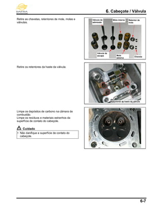6. Cabeçote / Válvula
6-7
Retire as chavetas, retentores de mola, molas e
válvulas.
Retire os retentores da haste da válvula.
Limpe os depósitos de carbono na câmara de
combustão.
Limpe os resíduos e materiais estranhos da
superfície de contato do cabeçote.
Cuidado
 Não danifique a superfície de contato do
cabeçote.
Retentores da haste da válvula
Retentor de
mola
Chaveta
Válvula de
escape
Mola interna
Mola
externa
Válvula de
admissão
 