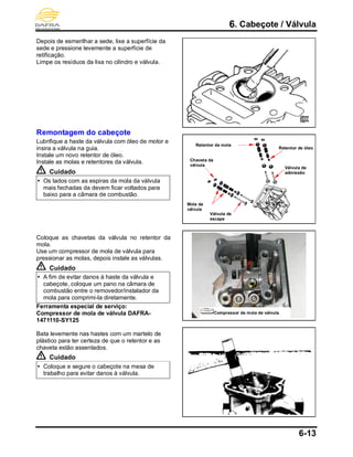 6. Cabeçote / Válvula
6-13
Depois de esmerilhar a sede, lixe a superfície da
sede e pressione levemente a superfície de
retificação.
Limpe os resíduos da lixa no cilindro e válvula.
Remontagem do cabeçote
Lubrifique a haste da válvula com óleo de motor e
insira a válvula na guia.
Instale um novo retentor de óleo.
Instale as molas e retentores da válvula.
Cuidado
 Os lados com as espiras da mola da válvula
mais fechadas da devem ficar voltados para
baixo para a câmara de combustão.
Coloque as chavetas da válvula no retentor da
mola.
Use um compressor de mola de válvula para
pressionar as molas, depois instale as válvulas.
Cuidado
 A fim de evitar danos à haste da válvula e
cabeçote, coloque um pano na câmara de
combustão entre o removedor/instalador da
mola para comprimi-la diretamente.
Ferramenta especial de serviço:
Compressor de mola de válvula DAFRA-
1471110-SY125
Bata levemente nas hastes com um martelo de
plástico para ter certeza de que o retentor e as
chaveta estão assentados.
Cuidado
 Coloque e segure o cabeçote na mesa de
trabalho para evitar danos à válvula.
Válvula de
escape
Válvula de
admissão
Retentor de óleo
Mola da
válvula
Retentor da mola
Chaveta da
válvula
Compressor de mola de válvula
 