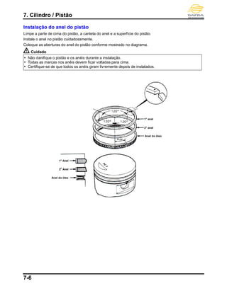 7. Cilindro / Pistão
7-6
Instalação do anel do pistão
Limpe a parte de cima do pistão, a canleta do anel e a superfície do pistão.
Instale o anel no pistão cuidadosamente.
Coloque as aberturas do anel do pistão conforme mostrado no diagrama.
Cuidado
 Não danifique o pistão e os anéis durante a instalação.
 Todas as marcas nos anéis devem ficar voltadas para cima.
 Certifique-se de que todos os anéis giram livremente depois de instalados.
1° anel
2° anel
Anel do óleo
1° Anel
2
o
Anel
Anel do óleo
 