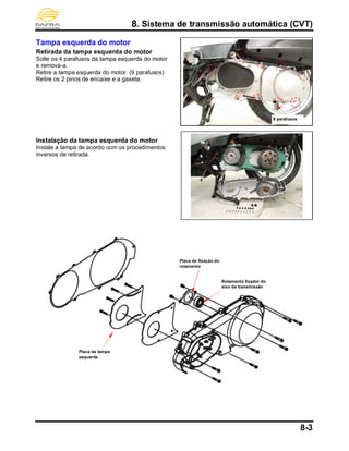 8. Sistema de transmissão automática (CVT)
8-3
Tampa esquerda do motor
Retirada da tampa esquerda do motor
Solte os 4 parafusos da tampa esquerda do motor
e remova-a.
Retire a tampa esquerda do motor. (9 parafusos)
Retire os 2 pinos de encaixe e a gaxeta.
Instalação da tampa esquerda do motor
Instale a tampa de acordo com os procedimentos
inversos de retirada.
9 parafusos
Placa da tampa
esquerda
Placa de fixação do
rolamento
Rolamento fixador do
eixo da transmissão
 