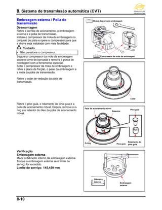 8. Sistema de transmissão automática (CVT)
8-10
Embreagem externa / Polia de
transmissão
Desmontagem
Retire a correia de acionamento, a embreagem
externa e a polia de transmissão.
Instale o compressor da mola da embreagem no
conjunto de polia e opere o compressor para que
a chave seja instalada com mais facilidade.
Cuidado
 Não pressione o compressor.
Segure o compressor da mola da embreagem
sobre o torno de bancada e remova a porca de
montagem com a ferramenta especial.
Solte o compressor da mola de embreagem e
retire a placa de fricção, o peso da embreagem e
a mola da polia de transmissão.
Retire o colar de vedação da polia de
transmissão.
Retire o pino guia, o rolamento do pino guia e a
polia de acionamento móvel. Depois, remova o o-
ring e o retentor do óleo da polia de acionamento
móvel.
Verificação
Embreagem externa
Meça o diâmetro interno da embreagem externa.
Troque a embreagem externa se o limite de
serviço for excedido.
Limite de serviço: 145,450 mm
Embreagem
externa
Diâmetro
interno
O-ring
Rolamento do
pino guia
Pino guia
Retentor
Face de acionamento móvel
Colar
Pino guia
Compressor de mola de embreagem
Chave de porca de embreagem
 
