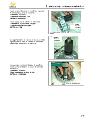 9. Mecanismo da transmissão final
9-7
Instale o novo rolamento de eixo final e o extrator
de rolamento na carcaça esquerda.
Ferramenta especial:
Extrator de rolamento 6205
DAFRA-9100400-6205
Instale o conjunto de extrator de rolamento.
Ferramentas especiais de serviço:
Extrator direto de montagem
DAFRA-2341110
Use a parte inferior do suporte da chave de fenda
e gire a parte de cima do extrator de rolamento
para instalar o rolamento do eixo final.
Aplique graxa no retentor de óleo do eixo final.
Instale o retentor de óleo na tampa da caixa de
transmissão.
Ferramenta especial:
Chave de retentor de óleo 34*52*5
DAFRA-9125500-HMA
Extrator
direto de
montagem
Extrator de rolamento 6205
Extrator
direto de
montagem
Chave do retentor do óleo
 