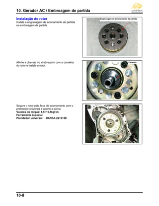 10. Gerador AC / Embreagem de partida
10-8
Instalação do rotor
Instale a engrenagem de acionamento de partida
na embreagem de partida.
Alinhe a chaveta no virabrequim com a canaleta
do rotor e instale o rotor.
Segure o rotor pela face de acionamento com o
prendedor universal e aperte a porca.
Valores de torque: 8,5~10,5kgf-m
Ferramenta especial:
Prendedor universal DAFRA-2210100
Engrenagem de acionamento de partida
Canaleta
 