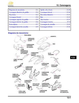 13. Carenagens
13-1
Diagrama do mecanismo·····························13-1
Carenagem dianteira do guidão··················13-2
Pára-brisa····················································13-3
Carenagem frontal······································13-4
Carenagem superior do guidão···················13-5
Carenagem inferior do guidão····················13-6
Porta-objetos ···············································13-7
Carenagem lateral do assoalho···················13-9
Spoiler sob a frente·····································13-10
Carenagem lateral······································13-10
Pára-lama dianteiro····································13-11
Baú ······························································13-12
Alça traseira················································13-13
Carenagem traseira.......................................13-14
Carenagem do assoalho······························13-15
Carenagem inferior ····································13-16
Diagrama do mecanismo
13
PÁRA-BRISA
CARENAGEM
INFERIOR DO
GUIDÃO
ASSENTO
BAÚ
ALÇA
TRASEIRA
CARENAGEM
SUPERIOR
DO GUIDÃO
COMP.
INFERIOR DA
CARENAGEM
DO GUIDÃO
CARENAGEM
LATERAL
DIREITA
COMP. DO PARA-
BRISA
CARENAGEM
TRASEIRA PARA-LAMA
TRASEIRO
CARENAGEM
LATERAL
ESQUERDA
CARENAGEM
DIREITA DO
ASSOALHO
CARENAGEM
ESQUERDA DO
ASSOALHO
PARA-LAMA
TRASEIRO
INFERIOR
TAMPA DA
CARENAGEM
DIANTEIRA
PARA-LAMA
DIANTEIRO A
PARA-LAMA
DIANTEIRO B
CARENAGEM
DIANTEIRA
CARENAGEM
INFERIOR
SPOILER INF.
DIANTEIRO
CARENAGEM
DO ASSOALHO
 