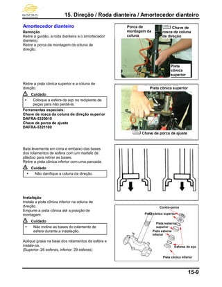 15. Direção / Roda dianteira / Amortecedor dianteiro
15-9
Amortecedor dianteiro
Remoção
Retire a guidão, a roda dianteira e o amortecedor
dianteiro.
Retire a porca de montagem da coluna de
direção.
Retire a pista cônica superior e a coluna de
direção.
Cuidado
 Coloque a esfera de aço no recipiente de
peças para não perdê-la.
Ferramentas especiais:
Chave de rosca da coluna de direção superior
DAFRA-5320010
Chave de porca de ajuste
DAFRA-5321100
Bata levemente em cima e embaixo das bases
dos rolamentos de esfera com um martelo de
plástico para retirar as bases.
Retire a pista cônica inferior com uma pancada.
Cuidado
 Não danifique a coluna de direção.
Instalação
Instale a pista cônica inferior na coluna de
direção.
Empurre a pista cônica até a posição de
montagem.
Cuidado
 Não incline as bases do rolamento de
esfera durante a instalação.
Aplique graxa na base dos rolamentos de esfera e
instale-os.
(Superior: 26 esferas, inferior: 29 esferas)
Porca de
montagem da
coluna
Pista
cônica
superior
Contra-porca
Pista cônica inferior
Esferas de aço
Pista iexterna
superior
Pista cônica superior
Chave de porca de ajuste
Chave de
rosca da coluna
de direção
Pista cônica superior
Pista externa
inferior
 