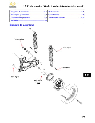 16. Roda traseira / Garfo traseiro / Amortecedor traseiro
16-1
Diagrama do mecanismo................................16-1
Precauções operacionais.................................16-2
Diagnóstico de problemas...............................16-2
Silencioso..........................................................16-3
Roda traseira..................................................16-3
Garfo traseiro.................................................16-5
Amortecedor traseiro....................................16-6
Diagrama do mecanismo
16
3.5~4.5kgf-m
2.4~3.0kgf-m
4.0~5.0kgf-m
11.0~13.0kgf-m
4.0~4.5kgf-m
 
