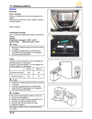 17. Sistema elétrico
17-4
Bateria
Remoção
Abra o assento.
Solte os 3 parafusos e remova a carenagem da
bateria.
Desconecte o terminal do cabo negativo, depois o
terminal positivo.
Retire a bateria.
Verificação de tensão
Use o multímetro digital para verificar a tensão da
bateria.
Tensão:
Totalmente carregada: 12,8V ↑ a 20°C
Pouca carga: Abaixo de 12,0 V a 20°C
Aviso
 Mantenha a bateria longe de chamas durante
a recarga.
 A carga é completamente controlada pelo
botão ON/OFF (liga/desliga) no carregador,
não pelos cabos da bateria.
Carga
Conecte o terminal positivo (+) do carregador ao
terminal positivo (+) da bateria.
Conecte o terminal negativo (-) do carregador ao
terminal negativo (-) da bateria.
Padrão Máximo
Corrente de carga 1,2A 5A
Tempo de carga 10 h 1 h
Aviso
 Mantenha a bateria longe de chamas durante
a recarga.
 A carga é completamente controlada pelo
botão ON/OFF (liga/desliga) no carregador,
não pelos cabos da bateria.
Cuidado
 Nunca dê carga rápida na bateria, a não ser
em caso de emergência.
 Verifique se a bateria está recarregada com a
corrente e duração prescritas acima.
 Corrente alta e tempo rápido de carga
danificam a bateria.
Ao instalar a bateria, cubra o terminal do cabo
com graxa.
 
