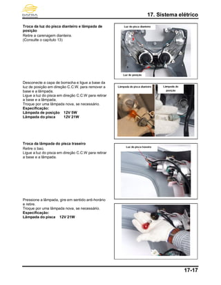 17. Sistema elétrico
17-17
Troca da luz do pisca dianteiro e lâmpada de
posição
Retire a carenagem dianteira.
(Consulte o capítulo 13)
Desconecte a capa de borracha e ligue a base da
luz de posição em direção C.C.W. para remover a
base e a lâmpada.
Ligue a luz do pisca em direção C.C.W para retirar
a base e a lâmpada.
Troque por uma lâmpada nova, se necessário.
Especificação:
Lâmpada de posição 12V 5W
Lâmpada do pisca 12V 21W
Troca da lâmpada do pisca traseiro
Retire o baú.
Ligue a luz do pisca em direção C.C.W para retirar
a base e a lâmpada.
Pressione a lâmpada, gire em sentido anti-horário
e retire.
Troque por uma lâmpada nova, se necessário.
Especificação:
Lâmpada do pisca 12V 21W
Lâmpada de
posição
Lâmpada do pisca dianteiro
Luz de posição
Luz do pisca traseiro
Luz do pisca dianteiro
 
