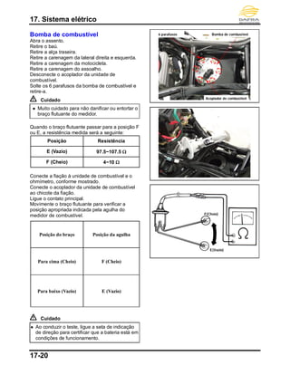 17. Sistema elétrico
17-20
Bomba de combustível
Abra o assento.
Retire o baú.
Retire a alça traseira.
Retire a carenagem da lateral direita e esquerda.
Retire a carenagem da motocicleta.
Retire a carenagem do assoalho.
Desconecte o acoplador da unidade de
combustível.
Solte os 6 parafusos da bomba de combustível e
retire-a.
Cuidado
 Muito cuidado para não danificar ou entortar o
braço flutuante do medidor.
Quando o braço flutuante passar para a posição F
ou E, a resistência medida será a seguinte:
Posição Resistência
E (Vazio) 97.5~107.5 
F (Cheio) 4~10 
Conecte a fiação à unidade de combustível e o
ohmímetro, conforme mostrado.
Conecte o acoplador da unidade de combustível
ao chicote da fiação.
Ligue o contato principal.
Movimente o braço flutuante para verificar a
posição apropriada indicada pela agulha do
medidor de combustível.
Posição do braço Posição da agulha
Para cima (Cheio) F (Cheio)
Para baixo (Vazio) E (Vazio)
Cuidado
 Ao conduzir o teste, ligue a seta de indicação
de direção para certificar que a bateria está em
condições de funcionamento.
Bomba de combustível
F(Cheio)
E(Vazio)
Acoplador de combustível
6 parafusos
 