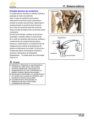 17. Sistema elétrico
17-21
Contato térmico da ventoinha
O contato térmico montado no radiador controla a
operação do motor da ventoinha.
Caso o motor da ventoinha não funcione,
desconecte os terminais verde e preto/azul e
conecte os jumpers aos terminais, depois ligue o
contato principal. A ventoinha deve funcionar. .
Se o motor da ventoinha ainda não funcionar,
meça a tensão da bateria entre os terminais verde
e preto/azul.
Se não houver tensão, verifique se há fusíveis
queimados, conexões soltas ou curto-circuito.
Se o motor da ventoinha não funcionar, verifique o
contato térmico da maneira descrita abaixo:
Pendure o contato térmico no recipiente cheio de
refrigerante para verificar as temperaturas de
abertura e fechamento do contato. Confirme se o
contato está aberto à temperatura ambiente e
aumente a temperatura do refrigerante
gradualmente. O contato deve ter continuidade
à 95-101°C.
Cuidado
 Mantenha o refrigerante a uma temperatura
constante por, pelo menos, três minutos.
Aumentar subitamente a temperatura do
refrigerante fará com que o termômetro e o
testador indiquem leituras equivocadas.
 Nunca deixe o termômetro e o contato térmico
em contato com a parede do recipiente, pois
resultará em leituras equivocadas.
 O contato térmico será colocado no
refrigerante até que o dente esteja
completamente submerso.
Termômetro
Contato térmico
Contato térmico
 