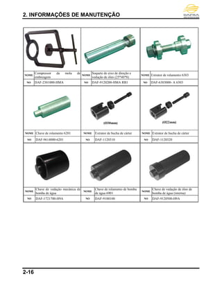 2. INFORMAÇÕES DE MANUTENÇÃO
2-16
NOME
Compressor da mola de
embreagem
NOME
Soquete de eixo de direção e
vedação de óleo (25*40*8)
NOME Extrator de rolamento 6303
NO DAF-2301000-HMA NO DAF-9120200-HMA RB1 NO DAF-6303000- A 6303
(Ø30mm) (Ø22mm)
NOME Chave de rolamento 6201 NOME Extrator de bucha de cárter NOME Extrator de bucha de cárter
NO DAF-9614000-6201 NO DAF-1120310 NO DAF-1120320
NOME
Chave de vedação mecânica de
bomba de água
NOME
Chave de rolamento de bomba
de água 6901
NOME
Chave de vedação de óleo de
bomba de água (interna)
NO DAF-1721700-H9A NO DAF-9100100 NO DAF-9120500-H9A
 