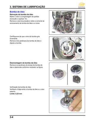3. SISTEMA DE LUBRIFICAÇÃO
3-4
Bomba de óleo
Remoção da bomba de óleo
Retire o rotor e a engrenagem de partida.
(Consulte o capítulo 10) .
Remova o anel de pressão e retire a corrente de
acionamento da bomba de óleo e a coroa.
Certifique-se de que o eixo da bomba gira
livremente.
Remova dois parafusos da bomba de óleo e
depois a bomba.
Desmontagem da bomba de óleo
Remova os parafusos da tampa da bomba de
óleo e desmonte conforme mostrado na figura.
Verificação da bomba de óleo
Verifique a folga entre a bomba de óleo e o rotor
externo.
Limite: 0,25 mm
Clipe
2 parafusos
 