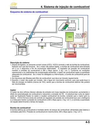 4. Sistema de injeção de combustível
4-5
Esquema do sistema de combustível
Descrição do sistema
1. Depois de ligados, os sensores enviam sinais à ECU. A ECU controla o relé da bomba de combustível,
fazendo com que ela funcione. Se o motor não estiver ligado, a bomba de combustível será fechada
em 2 ou 3 segundos a fim de economizar eletricidade. O regulador de pressão de combustível
mantém a pressão do combustível a 294 ± 6kpa (aprox. 3 kg / cm ²). Conforme as condições
operacionais e os coeficientes de compensação ambiental, o injetor de combustível injeta a quantidade
adequada de combustível. Se o motor for desligado ou interrompido, a bomba de combustível para de
funcionar.
2. As impurezas são filtradas pelo filtro de combustível, que deve ser trocado regularmente.
3. Quando o motor não puder ser iniciado, não o ligue em movimento contínuo, pois isso pode levar à
falta de energia na bateria (menos de 10V), sendo que a bomba de combustível elétrica não poderá
ser movimentada.
Injetor
O injetor de dois orifícios oferece válvulas de entrada com duas injeções de combustível, aumentando o
efeito de automatização de combustível e reduzindo a emissão de HC. A cobertura tipo curta do injetor
pode ser facilmente fixada no injetor e receber combustível da bomba, evitando que o injetor gire ou
deslize. A ECU fornece sinais de controle ao regulador de pressão de combustível que usa o diafragma
e a mola para manter a pressão do combustível a 294 ± 6kpa (aprox. 3 kg / cm ²), e controla a quantidade
de injeção determinando o tempo de injeção.
Bomba de combustível
A bomba elétrica de combustível é montada dentro do tanque de combustível, alimentada pela bateria e
controlada pela ECU. Pressão do combustível em marcha lenta: 294 ± 6kpa (aprox. 3 kg / cm ²).
Injetor
Bomba de
combustível
Relé de
bomba de
combustívelECU
Bateria
Relé de
energia
 