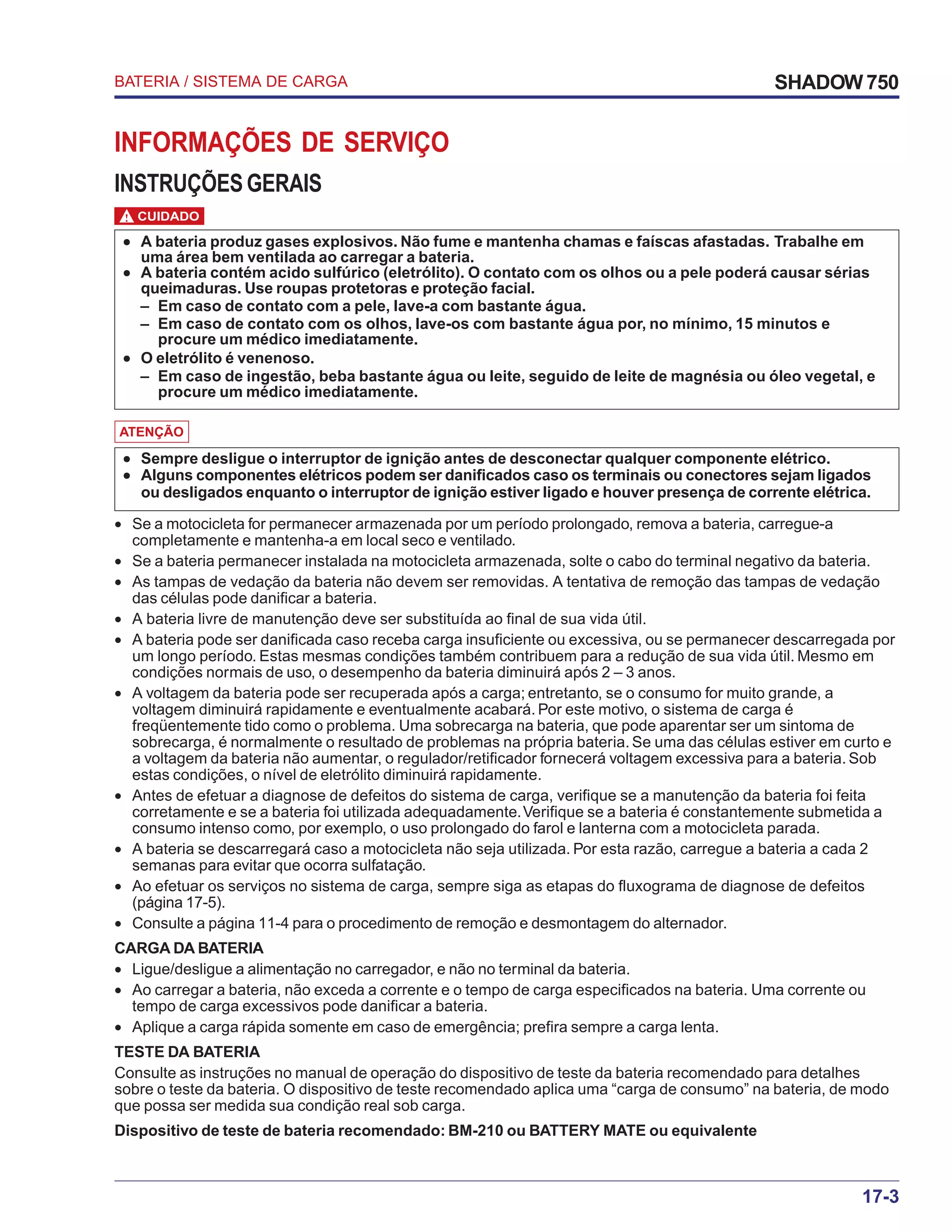 Manual de serviço shadow 750 00 x6b-meg-001 bateria | PDF