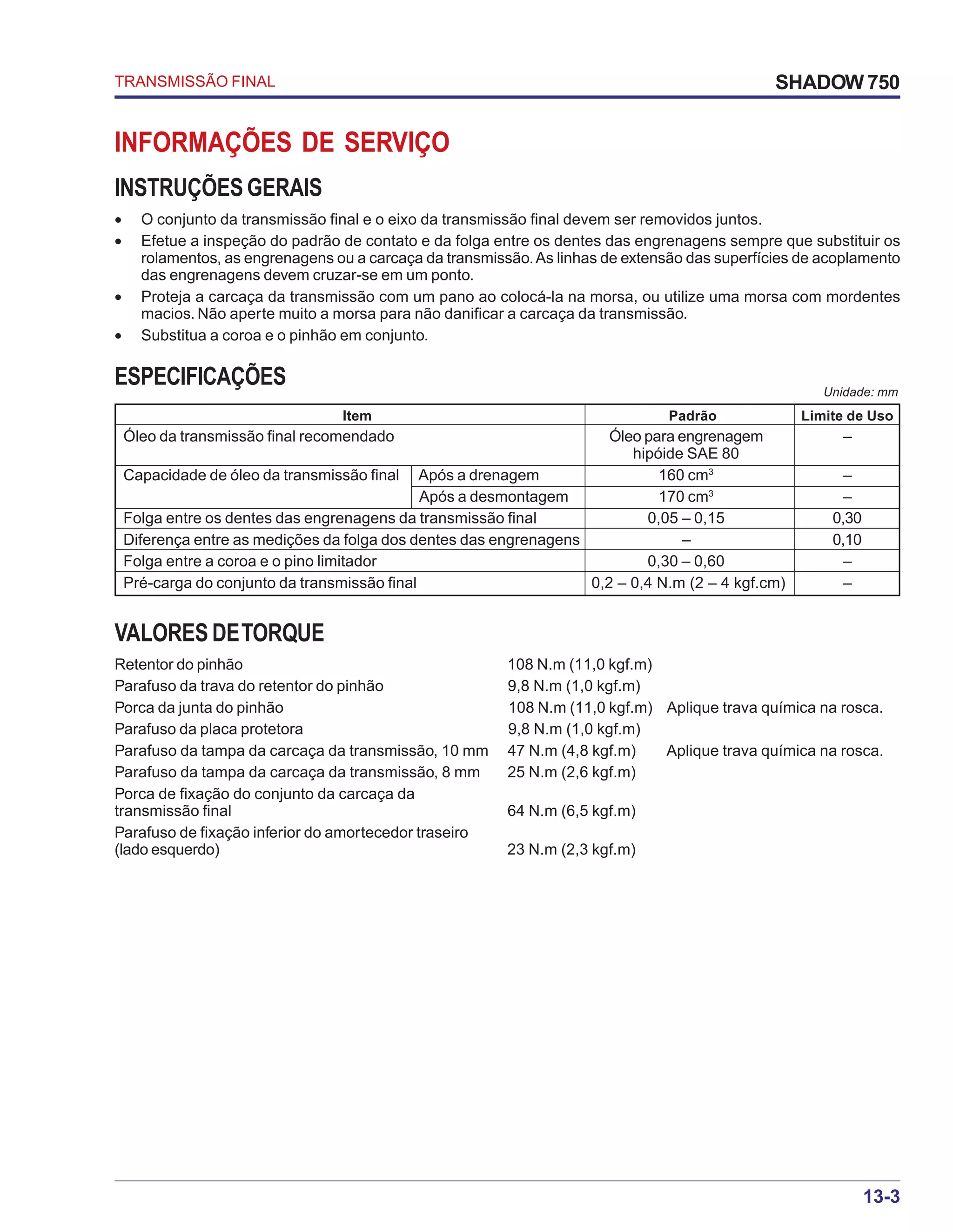 Manual de serviço shadow 750 00 x6b-meg-001 transmissao-final | PDF