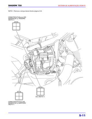 SHADOW 750                                               SISTEMA DE ALIMENTAÇÃO (PGM-FI)


NOTA 1: Remova a tampa lateral direita (página 2-4).



CONECTOR 4P (Branco) DO
SENSOR DE O2 TRASEIRO
(NOTA 1)




                                          DLC (NOTA 1)


CONECTOR 4P (Preto) DO
SENSOR DE O2 DIANTEIRO
(NOTA 1)




                                                                                5-11
 