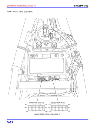 SISTEMA DE ALIMENTAÇÃO (PGM-FI)                                                            SHADOW 750

NOTA 1: Remova o ECM (página 5-56).




                               CONECTOR B (Cinza)               CONECTOR A (Preto)
                        B11                         B1    A11                        A1

                        B22                         B12 A22                          A12


                                                    B23                              A23
                         B33                              A33

                                      CONECTORES 33P DO ECM (NOTA 1)




5-12
 
