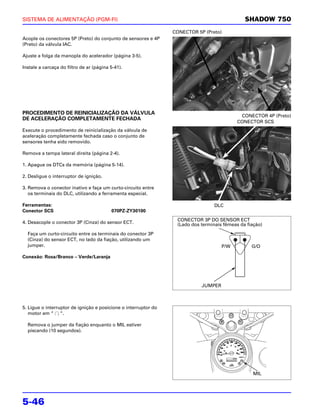 SISTEMA DE ALIMENTAÇÃO (PGM-FI)                                                                SHADOW 750
                                                                 CONECTOR 5P (Preto)
Acople os conectores 5P (Preto) do conjunto de sensores e 4P
(Preto) da válvula IAC.

Ajuste a folga da manopla do acelerador (página 3-5).

Instale a carcaça do filtro de ar (página 5-41).




PROCEDIMENTO DE REINICIALIZAÇÃO DA VÁLVULA
                                                                                             CONECTOR 4P (Preto)
DE ACELERAÇÃO COMPLETAMENTE FECHADA
                                                                                            CONECTOR SCS
Execute o procedimento de reinicialização da válvula de
aceleração completamente fechada caso o conjunto de
sensores tenha sido removido.

Remova a tampa lateral direita (página 2-4).

1. Apague os DTCs da memória (página 5-14).

2. Desligue o interruptor de ignição.

3. Remova o conector inativo e faça um curto-circuito entre
   os terminais do DLC, utilizando a ferramenta especial.

Ferramentas:                                                                      DLC
Conector SCS                              070PZ-ZY30100
                                                                  CONECTOR 3P DO SENSOR ECT
4. Desacople o conector 3P (Cinza) do sensor ECT.                 (Lado dos terminais fêmeas da fiação)
  Faça um curto-circuito entre os terminais do conector 3P
  (Cinza) do sensor ECT, no lado da fiação, utilizando um
  jumper.                                                                            P/W          G/O

Conexão: Rosa/Branco – Verde/Laranja




                                                                            JUMPER



5. Ligue o interruptor de ignição e posicione o interruptor do
   motor em “ “.

  Remova o jumper da fiação enquanto o MIL estiver
  piscando (10 segundos).




                                                                                                   MIL




5-46
 