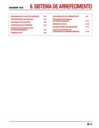 SHADOW 750          6. SISTEMA DE ARREFECIMENTO
 DIAGRAMA DE FLUXO DO SISTEMA   6-2   ALOJAMENTO DO TERMOSTATO     6-9
 INFORMAÇÕES DE SERVIÇO         6-3   RADIADOR/VENTOINHA
                                      DE ARREFECIMENTO             6-11
 DIAGNOSE DE DEFEITOS           6-4
                                      BOMBA DE ÁGUA                6-16
 VERIFICAÇÃO DO SISTEMA         6-5
                                      RESERVATÓRIO DO RADIADOR     6-17
 SUBSTITUIÇÃO DO LÍQUIDO
 DE ARREFECIMENTO               6-6   RELÉ DE CONTROLE DA
                                      VENTOINHA DE ARREFECIMENTO   6-18
 TERMOSTATO                     6-8




                                                                    6-1
 