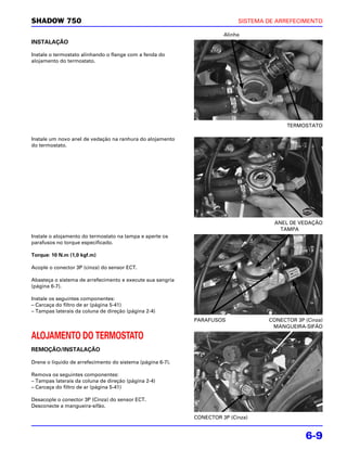 SHADOW 750                                                                 SISTEMA DE ARREFECIMENTO

                                                                      Alinhe
INSTALAÇÃO

Instale o termostato alinhando o flange com a fenda do
alojamento do termostato.




                                                                                         TERMOSTATO

Instale um novo anel de vedação na ranhura do alojamento
do termostato.




                                                                                     ANEL DE VEDAÇÃO
                                                                                       TAMPA
Instale o alojamento do termostato na tampa e aperte os
parafusos no torque especificado.

Torque: 10 N.m (1,0 kgf.m)

Acople o conector 3P (cinza) do sensor ECT.

Abasteça o sistema de arrefecimento e execute sua sangria
(página 6-7).

Instale os seguintes componentes:
– Carcaça do filtro de ar (página 5-41)
– Tampas laterais da coluna de direção (página 2-4)
                                                            PARAFUSOS              CONECTOR 3P (Cinza)
                                                                                    MANGUEIRA-SIFÃO

ALOJAMENTO DO TERMOSTATO
REMOÇÃO/INSTALAÇÃO

Drene o líquido de arrefecimento do sistema (página 6-7).

Remova os seguintes componentes:
– Tampas laterais da coluna de direção (página 2-4)
– Carcaça do filtro de ar (página 5-41)

Desacople o conector 3P (Cinza) do sensor ECT.
Desconecte a mangueira-sifão.

                                                            CONECTOR 3P (Cinza)


                                                                                               6-9
 