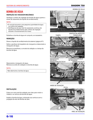 SISTEMA DE ARREFECIMENTO                                                                    SHADOW 750
                                                                                             BOMBA DE ÁGUA

BOMBA DE ÁGUA
INSPEÇÃO DO VEDADOR MECÂNICO
Verifique o orifício de inspeção da bomba de água quanto a
sinais de vazamento de líquido de arrefecimento.

NOTA
 • É normal encontrar uma pequena quantidade de água
   no orifício de inspeção.
 • Certifique-se de que não há vazamento contínuo de
   líquido de arrefecimento pelo orifício de inspeção
   durante o funcionamento do motor.
                                                                                         ORIFÍCIO DE INSPEÇÃO
Substitua a bomba de água em conjunto, se necessário.              TAMPA                       PARAFUSOS

REMOÇÃO
Drene o líquido de arrefecimento do sistema (página 6-7).

Solte o parafuso da braçadeira da mangueira e desconecte a
mangueira de água.

Remova os parafusos, a arruela de vedação e a tampa da
bomba de água.




                                                             MANGUEIRA                   PARAFUSO/ARRUELA
                                                             DE ÁGUA                     DE VEDAÇÃO
                                                             MANGUEIRA DE ÁGUA                BOMBA DE ÁGUA
Desconecte a mangueira de água.
Remova os anéis de vedação e a bomba de água.

NOTA
 Não desmonte a bomba de água.




                                                             ANÉIS DE VEDAÇÃO
                                                                                Alinhe
INSTALAÇÃO

Cubra um novo anel de vedação com óleo para motor e
instale-o na ranhura da bomba de água.

Instale a bomba de água, alinhando sua ranhura com a
projeção do eixo da bomba de óleo.




                                                                                            ANEL DE VEDAÇÃO


6-16
 