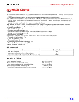 SHADOW 750                                                                   REMOÇÃO/INSTALAÇÃO DO MOTOR



INFORMAÇÕES DE SERVIÇO
GERAL

• É necessário utilizar um macaco ou suporte equivalente para apoiar a motocicleta durante a remoção ou instalação do
  motor.
• É necessário utilizar um macaco ou outro suporte ajustável para apoiar e movimentar o motor.
• Ao instalar o motor, certifique-se de apertar todos os fixadores no torque e ordem especificados. Em caso de erro no
  valor do torque de aperto ou mesmo na ordem, solte todos os fixadores e aperte-os novamente no torque e ordem
  especificados.
• Não apóie o motor pelo filtro de óleo ou este poderá ser danificado.
• Ao remover ou instalar o motor, cubra ao redor do chassi com fita adesiva para protegê-lo durante seu manuseio.
• A execução de reparos nos seguintes componentes necessita da remoção do motor:
– Cabeçote (página 8-13)
– Cilindro/Pistão (página 9-4)
– Árvore de Manivelas (página 12-10)
– Transmissão (incluindo tambor seletor de marchas/garfo seletor) (página 12-20)
– Carcaça do diferencial (página 12-28)
– Bomba de óleo (página 4-6)
• A execução de reparos nos seguintes componentes não necessita da remoção do motor:
– Árvore de comando (página 8-8)
– Corpo do acelerador (5-43)
– Bomba de água (6-16)
– Embreagem/Seletor de marchas (página 10-3)
– Alternador/Embreagem de partida (11-4)
– Motor de partida (página 19-6)

ESPECIFICAÇÕES

                           Item                                                     Especificação
 Peso seco do motor                                                                    71 kg
 Capacidade de óleo do motor na desmontagem                                             3,2 l
 Capacidade do líquido de arrefecimento (Radiador e motor)                             1,58 l


VALORES DE TORQUE

Porca de fixação do motor                                     54 N.m (5,5 kgf.m)
Parafuso da placa de fixação do motor                         26 N.m (2,7 kgf.m)
Porca do terminal do cabo do motor de partida                 10 N.m (1,0 kgf.m)
Parafuso do terminal do interruptor EOP                       1,9 N.m (0,2 kgf.m)
Parafuso de fixação do braço do seletor de marchas            12 N.m (1,2 kgf.m)




                                                                                                                7-3
 
