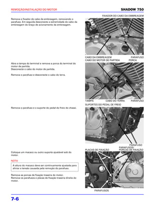 REMOÇÃO/INSTALAÇÃO DO MOTOR                                                              SHADOW 750
                                                                          FIXADOR DO CABO DA EMBREAGEM
Remova o fixador do cabo da embreagem, removendo o
parafuso. Em seguida desconecte a extremidade do cabo da
embreagem do braço de acionamento da embreagem.




                                                              CABO DA EMBREAGEM               PARAFUSO
                                                              CABO DO MOTOR DE PARTIDA       PORCA
Abra a tampa do terminal e remova a porca do terminal do
motor de partida.
Desconecte o cabo do motor de partida.

Remova o parafuso e desconecte o cabo do terra.




                                                              TAMPA          CABO DO TERRA    PARAFUSO
                                                              SUPORTES DO PEDAL DE FREIO
Remova o parafuso e o suporte do pedal do freio do chassi.




                                                                                             PARAFUSO
                                                                                      PARAFUSOS/
                                                              PLACAS DE FIXAÇÃO       PORCAS DE FIXAÇÃO
Coloque um macaco ou outro suporte ajustável sob do
motor.

NOTA
 A altura do macaco deve ser continuamente ajustada para
 aliviar a tensão causada pela remoção do parafuso.

Remova as porcas de fixação traseira do motor.
Remova os parafusos e placas de fixação traseira direita do
motor.



                                                                      PARAFUSOS


7-6
 