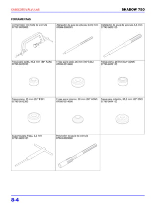 CABEÇOTE/VÁLVULAS                                                                               SHADOW 750


FERRAMENTAS

Compressor de mola da válvula        Alargador da guia da válvula, 5,510 mm   Instalador da guia da válvula, 5,5 mm
07757-0010000                        07984-2000001                            07742-0010100




Fresa para sede, 27,5 mm (45° ADM)   Fresa para sede, 35 mm (45° ESC)         Fresa plana, 28 mm (32° ADM)
07780-0010200                        07780-0010400                            07780-0012100




Fresa plana, 35 mm (32° ESC)         Fresa para interior, 30 mm (60° ADM)     Fresa para interior, 37,5 mm (60° ESC)
07780-0012300                        07780-0014000                            07780-0014100




Suporte para fresa, 5,5 mm           Instalador da guia da válvula
07781-0010101                        07743-0020000




8-4
 