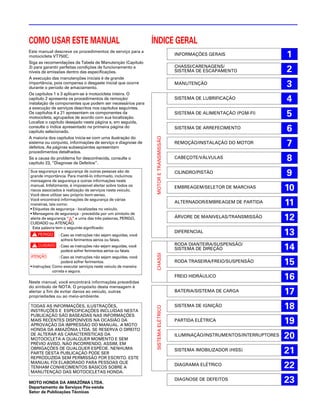 COMO USAR ESTE MANUAL                                             ÍNDICE GERAL
Este manual descreve os procedimentos de serviço para a
motocicleta VT750C.                                                                      INFORMAÇÕES GERAIS                      1
Siga as recomendações da Tabela de Manutenção (Capítulo
                                                                                         CHASSI/CARENAGENS/
3) para garantir perfeitas condições de funcionamento e
níveis de emissões dentro das especificações.                                            SISTEMA DE ESCAPAMENTO                  2
A execução das manutenções iniciais é de grande
importância, pois compensa o desgaste inicial que ocorre
durante o período de amaciamento.
                                                                                         MANUTENÇÃO                              3
Os capítulos 1 e 3 aplicam-se à motocicleta inteira. O
capítulo 2 apresenta os procedimentos de remoção/
instalação de componentes que podem ser necessários para
                                                                                         SISTEMA DE LUBRIFICAÇÃO                 4
a execução de serviços descritos nos capítulos seguintes.
Os capítulos 4 a 21 apresentam os componentes da
motocicleta, agrupados de acordo com sua localização.
                                                                                         SISTEMA DE ALIMENTAÇÃO (PGM-FI)         5
Localize o capítulo desejado nesta página e, em seguida,
consulte o índice apresentado na primeira página do
capítulo selecionado.
                                                                                         SISTEMA DE ARREFECIMENTO                6


                                                                   MOTOR E TRANSMISSÃO
A maioria dos capítulos inicia-se com uma ilustração do
sistema ou conjunto, informações de serviço e diagnose de
defeitos. As páginas subseqüentes apresentam
                                                                                         REMOÇÃO/INSTALAÇÃO DO MOTOR             7
procedimentos detalhados.
Se a causa do problema for desconhecida, consulte o
capítulo 23, “Diagnose de Defeitos”.
                                                                                         CABEÇOTE/VÁLVULAS                       8
Sua segurança e a segurança de outras pessoas são de
grande importância. Para mantê-lo informado, incluímos
                                                                                         CILINDRO/PISTÃO                         9
mensagens de segurança e outras informações neste
manual. Infelizmente, é impossível alertar sobre todos os
riscos associados à realização de serviços neste veículo.
                                                                                         EMBREAGEM/SELETOR DE MARCHAS            10
Você deve utilizar seu próprio bom-senso.
Você encontrará informações de segurança de várias
maneiras, tais como:
                                                                                         ALTERNADOR/EMBREAGEM DE PARTIDA         11
• Etiquetas de segurança - localizadas no veículo.
• Mensagens de segurança - precedida por um símbolo de
alerta de segurança “!” e uma das três palavras, PERIGO,
CUIDADO ou ATENÇÃO.
                                                                                         ÁRVORE DE MANIVELAS/TRANSMISSÃO         12
  Esta palavra tem o seguinte significado:
p               : Caso as instruções não sejam seguidas, você
                                                                                         DIFERENCIAL                             13
                  sofrerá ferimentos sérios ou fatais.
c : Caso as instruções não sejam seguidas, você                                          RODA DIANTEIRA/SUSPENSÃO/
    poderá sofrer ferimentos sérios ou fatais.                                           SISTEMA DE DIREÇÃO                      14
                                                                   CHASSI




a                 : Caso as instruções não sejam seguidas, você
                    poderá sofrer ferimentos.
• Instruções: Como executar serviços neste veículo de maneira
                                                                                         RODA TRASEIRA/FREIO/SUSPENSÃO           15
              correta e segura.

Neste manual, você encontrará informações precedidas
                                                                                         FREIO HIDRÁULICO                        16
do símbolo de NOTA. O propósito desta mensagem é
alertar a fim de evitar danos ao veículo, outras
propriedades ou ao meio-ambiente.
                                                                                         BATERIA/SISTEMA DE CARGA                17
TODAS AS INFORMAÇÕES, ILUSTRAÇÕES,                                                       SISTEMA DE IGNIÇÃO                      18
                                                                   SISTEMA ELÉTRICO




INSTRUÇÕES E ESPECIFICAÇÕES INCLUÍDAS NESTA
PUBLICAÇÃO SÃO BASEADAS NAS INFORMAÇÕES
MAIS RECENTES DISPONÍVEIS NA OCASIÃO DA
APROVAÇÃO DA IMPRESSÃO DO MANUAL. A MOTO
                                                                                         PARTIDA ELÉTRICA                        19
HONDA DA AMAZÔNIA LTDA. SE RESERVA O DIREITO
DE ALTERAR AS CARACTERÍSTICAS DA
MOTOCICLETA A QUALQUER MOMENTO E SEM
                                                                                         ILUMINAÇÃO/INSTRUMENTOS/INTERRUPTORES   20
PRÉVIO AVISO, NÃO INCORRENDO, ASSIM, EM
OBRIGAÇÕES DE QUALQUER ESPÉCIE. NENHUMA
PARTE DESTA PUBLICAÇÃO PODE SER
                                                                                         SISTEMA IMOBILIZADOR (HISS)             21
REPRODUZIDA SEM PERMISSÃO POR ESCRITO. ESTE
MANUAL FOI ELABORADO PARA PESSOAS QUE
TENHAM CONHECIMENTOS BÁSICOS SOBRE A
                                                                                         DIAGRAMA ELÉTRICO                       22
MANUTENÇÃO DAS MOTOCICLETAS HONDA.

MOTO HONDA DA AMAZÔNIA LTDA.
                                                                                         DIAGNOSE DE DEFEITOS                    23
Departamento de Serviços Pós-venda
Setor de Publicações Técnicas
 