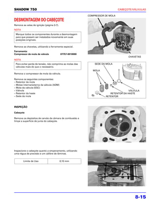 SHADOW 750                                                                      CABEÇOTE/VÁLVULAS

                                                           COMPRESSOR DE MOLA

DESMONTAGEM DO CABEÇOTE
Remova as velas de ignição (página 3-7).

NOTA
 Marque todos os componentes durante a desmontagem
 para que possam ser instalados novamente em suas
 posições originais.

Remova as chavetas, utilizando a ferramenta especial.

Ferramenta:
Compressor de mola da válvula              07757-0010000
                                                                                      CHAVETAS
NOTA
 Para evitar perda de tensão, não comprima as molas das        SEDE DA MOLA
 válvulas mais do que o necessário.
                                                              MOLA
Remova o compressor de mola da válvula.

Remova os seguintes componentes:
– Retentor da mola
– Molas interna/externa da válvula (ADM)
– Mola da válvula (ESC)
– Válvula                                                                             VÁLVULA
– Retentor da haste                                                      RETENTOR DA HASTE
– Sede da mola                                                        RETENTOR



INSPEÇÃO

Cabeçote

Remova os depósitos de carvão da câmara de combustão e
limpe a superfície de junta do cabeçote.




Inspecione o cabeçote quanto a empenamento, utilizando
uma régua de precisão e um cálibre de lâminas.


        Limite de Uso                      0,10 mm




                                                                                          8-15
 