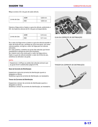 SHADOW 750                                                                              CABEÇOTE/VÁLVULAS


Meça e anote o D.I. da guia de cada válvula.



                      ADM                       5,56 mm
 Limite de Uso
                      ESC                       5,56 mm



Calcule a folga entre a haste e a guia da válvula, subtraindo o
D.E. da haste da válvula do D.I. da guia correspondente.



                      ADM                       0,10 mm
 Limite de Uso
                      ESC                       0,11 mm           GUIA DA CORRENTE DE DISTRIBUIÇÃO


Se o valor da folga entre a haste e a guia da válvula exceder o
valor de limite de uso, verifique se uma nova guia, com seus
valores padrão, corrigiria o valor da folga para os valores
tolerados.
Em caso positivo, substitua as guias das válvulas que forem
necessárias e alargue-as para que encaixem.
Se, mesmo com uma nova guia, o valor da folga entre a
haste e a guia da válvula exceder o valor de limite de uso,
substitua as válvulas e as guias.

NOTA
 Inspecione e retifique as sedes das válvulas sempre que
 as guias forem substituídas (página 8-19).                       TENSOR DA CORRENTE DE DISTRIBUIÇÃO

Guia da Corrente de Distribuição

Inspecione a guia da corrente de distribuição quanto a
desgaste ou danos.
Substitua a guia da corrente de distribuição, se necessário.

Tensor da Corrente de Distribuição

Inspecione o tensor da corrente de distribuição quanto a
desgaste ou danos.
Substitua o tensor da corrente de distribuição, se necessário.




                                                                                                       8-17
 