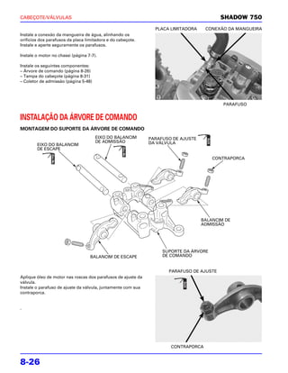 CABEÇOTE/VÁLVULAS                                                                         SHADOW 750
                                                                PLACA LIMITADORA    CONEXÃO DA MANGUEIRA
Instale a conexão da mangueira de água, alinhando os
orifícios dos parafusos da placa limitadora e do cabeçote.
Instale e aperte seguramente os parafusos.

Instale o motor no chassi (página 7-7).

Instale os seguintes componentes:
– Árvore de comando (página 8-26)
– Tampa do cabeçote (página 8-31)
– Coletor de admissão (página 5-48)




                                                                                           PARAFUSO


INSTALAÇÃO DA ÁRVORE DE COMANDO
MONTAGEM DO SUPORTE DA ÁRVORE DE COMANDO
                                      EIXO DO BALANCIM        PARAFUSO DE AJUSTE
                                      DE ADMISSÃO             DA VÁLVULA
        EIXO DO BALANCIM
        DE ESCAPE

                                                                                       CONTRAPORCA




                                                                                   BALANCIM DE
                                                                                   ADMISSÃO




                                                                   SUPORTE DA ÁRVORE
                                   BALANCIM DE ESCAPE              DE COMANDO


                                                                     PARAFUSO DE AJUSTE
Aplique óleo de motor nas roscas dos parafusos de ajuste da
válvula.
Instale o parafuso de ajuste da válvula, juntamente com sua
contraporca.


.




                                                                      CONTRAPORCA


8-26
 