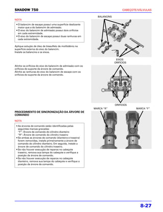 SHADOW 750                                                                       CABEÇOTE/VÁLVULAS

                                                               BALANCINS
NOTA
 • O balancim de escape possui uma superfície deslizante
   maior que a do balancim de admissão.
 • O eixo do balancim de admissão possui dois orifícios
   em cada extremidade.
 • O eixo do balancim de escape possui duas ranhuras em
   cada extremidade.

Aplique solução de óleo de bissulfeto de molibdênio na
superfície externa do eixo do balancim.
Instale os balancins e os eixos.


                                                                            EIXOS
                                                                           ORIFÍCIOS
Alinhe os orifícios do eixo do balancim de admissão com os
orifícios do suporte da árvore de comando.
Alinhe as ranhuras do eixo do balancim de escape com os
orifícios do suporte da árvore de comando.




                                                                           ORIFÍCIOS
                                                             MARCA “R”                   MARCA “F”
PROCEDIMENTO DE SINCRONIZAÇÃO DA ÁRVORE DE
COMANDO

NOTA

 • As árvores de comando estão identificadas pelas
   seguintes marcas gravadas:
   “F”: Árvore de comando do cilindro dianteiro
   “R”: Árvore de comando do cilindro traseiro
 • Se ambas as árvores de comando (dianteira e traseira)
   forem removidas, instale primeiramente a árvore de
   comando do cilindro dianteiro. Em seguida, instale a
   árvore de comando do cilindro traseiro.
 • Se não houver execução de reparos no cabeçote
   traseiro, remova sua tampa do cabeçote e verifique a
   posição da árvore de comando.
 • Se não houver execução de reparos no cabeçote
   dianteiro, remova sua tampa do cabeçote e verifique a
   posição da árvore de comando.




                                                                                           8-27
 