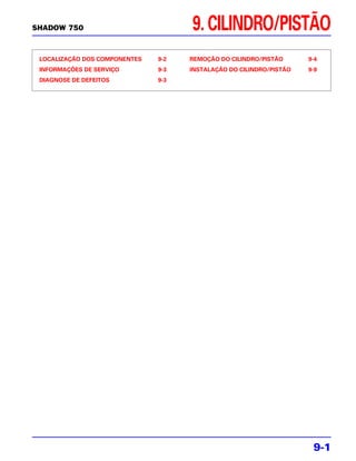SHADOW 750                           9. CILINDRO/PISTÃO
 LOCALIZAÇÃO DOS COMPONENTES   9-2   REMOÇÃO DO CILINDRO/PISTÃO      9-4
 INFORMAÇÕES DE SERVIÇO        9-3   INSTALAÇÃO DO CILINDRO/PISTÃO   9-9
 DIAGNOSE DE DEFEITOS          9-3




                                                                      9-1
 
