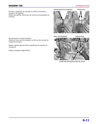SHADOW 750                                                                            CILINDRO/PISTÃO

                                                               ESPAÇADOR DA CONEXÃO     PRESILHAS
Encaixe o espaçador da conexão no orifício do cilindro e
conecte-o em seguida.
Instale as presilhas retentoras nas ranhuras do espaçador da
conexão.




                                                               ANEL DE VEDAÇÃO        PARAFUSOS
Somente para o cilindro dianteiro:
Instale um novo anel de vedação na ranhura da conexão da
mangueira de água.

Instale e aperte seguramente os parafusos da conexão da
mangueira.

Instale o cabeçote (página 8-24).




                                                                     CONEXÃO DA MANGUEIRA DE ÁGUA




                                                                                              9-11
 