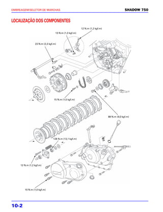 EMBREAGEM/SELETOR DE MARCHAS                                                              SHADOW 750


LOCALIZAÇÃO DOS COMPONENTES
                                                       12 N.m (1,2 kgf.m)
                                  13 N.m (1,3 kgf.m)



                 23 N.m (2,3 kgf.m)




                                 15 N.m (1,5 kgf.m)




                                                                                   ·
                                                                            88 N.m (9,0 kgf.m)




                                128 N.m (13,1 kgf.m)




                          ·
     12 N.m (1,2 kgf.m)




        10 N.m (1,0 kgf.m)




10-2
 