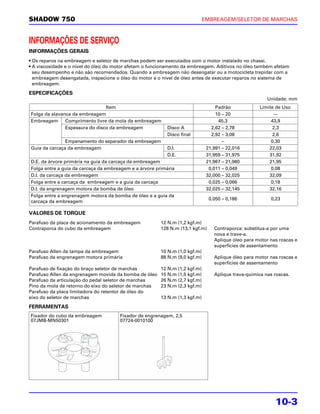 SHADOW 750                                                                   EMBREAGEM/SELETOR DE MARCHAS



INFORMAÇÕES DE SERVIÇO
INFORMAÇÕES GERAIS
• Os reparos na embreagem e seletor de marchas podem ser executados com o motor instalado no chassi.
• A viscosidade e o nível do óleo do motor afetam o funcionamento da embreagem. Aditivos no óleo também afetam
  seu desempenho e não são recomendados. Quando a embreagem não desengatar ou a motocicleta trepidar com a
  embreagem desengatada, inspecione o óleo do motor e o nível de óleo antes de executar reparos no sistema de
  embreagem.

ESPECIFICAÇÕES
                                                                                                        Unidade: mm
                                Item                                              Padrão             Limite de Uso
Folga da alavanca da embreagem                                                    10 – 20                  —
Embreagem      Comprimento livre da mola da embreagem                              45,3                   43,9
               Espessura do disco da embreagem            Disco A               2,62 – 2,78                2,3
                                                          Disco final           2,92 – 3,08                2,6
               Empenamento do separador da embreagem                                 –                    0,30
Guia da carcaça da embreagem                              D.I.                21,991 – 22,016            22,03
                                                          D.E.                31,959 – 31,975            31,92
D.E. da árvore primária na guia da carcaça da embreagem                       21,967 – 21,980            21,95
Folga entre a guia da carcaça da embreagem e a árvore primária                 0,011 – 0,049              0,08
D.I. da carcaça da embreagem                                                  32,000 – 32,025            32,09
Folga entre a carcaça da embreagem e a guia da carcaça                         0,025 – 0,066              0,18
D.I. da engrenagem motora da bomba de óleo                                    32,025 – 32,145            32,16
Folga entre a engrenagem motora da bomba de óleo e a guia da
                                                                               0,050 – 0,186             0,23
carcaça da embreagem

VALORES DE TORQUE
Parafuso da placa de acionamento da embreagem           12 N.m (1,2 kgf.m)
Contraporca do cubo da embreagem                        128 N.m (13,1 kgf.m)     Contraporca: substitua-a por uma
                                                                                 nova e trave-a.
                                                                                 Aplique óleo para motor nas roscas e
                                                                                 superfícies de assentamento
Parafuso Allen da tampa da embreagem                    10 N.m (1,0 kgf.m)
Parafuso da engrenagem motora primária                  88 N.m (9,0 kgf.m)       Aplique óleo para motor nas roscas e
                                                                                 superfícies de assentamento
Parafuso de fixação do braço seletor de marchas         12 N.m (1,2 kgf.m)
Parafuso Allen da engrenagem movida da bomba de óleo    15 N.m (1,5 kgf.m)       Aplique trava-química nas roscas.
Parafuso da articulação do pedal seletor de marchas     26 N.m (2,7 kgf.m)
Pino da mola de retorno do eixo do seletor de marchas   23 N.m (2,3 kgf.m)
Parafuso da placa limitadora do retentor de óleo do
eixo do seletor de marchas                              13 N.m (1,3 kgf.m)

FERRAMENTAS
Fixador do cubo da embreagem          Fixador de engrenagem, 2,5
07JMB-MN50301                         07724-0010100




                                                                                                           10-3
 
